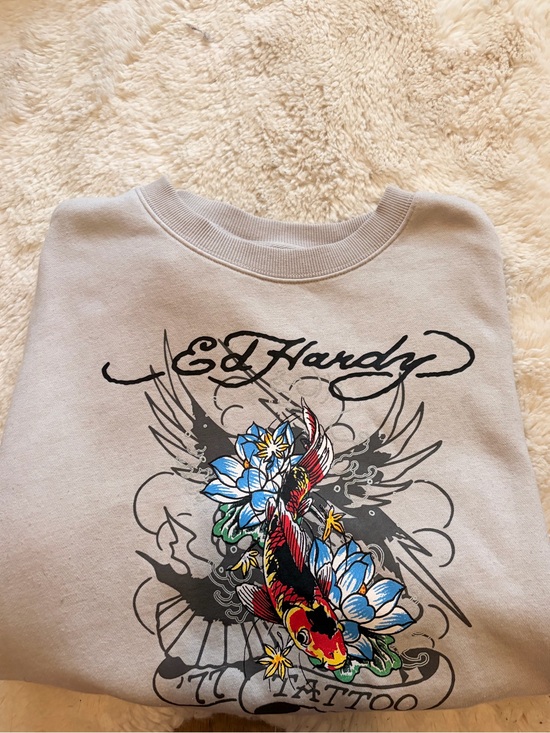 Ed Hardy Sweaters - Ed Hardy Light Beige Graphic Crewneck with Multicolor Koi Print
